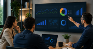 Profissional analisando métricas de campanha de tráfego pago em um painel de marketing digital