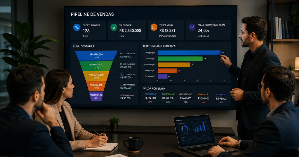 Equipe analisando funil de vendas e oportunidades comerciais em um painel de gestão