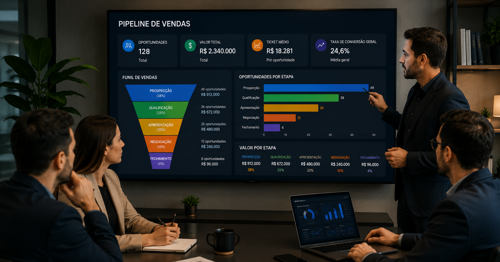 Equipe analisando funil de vendas e oportunidades comerciais em um painel de gestão